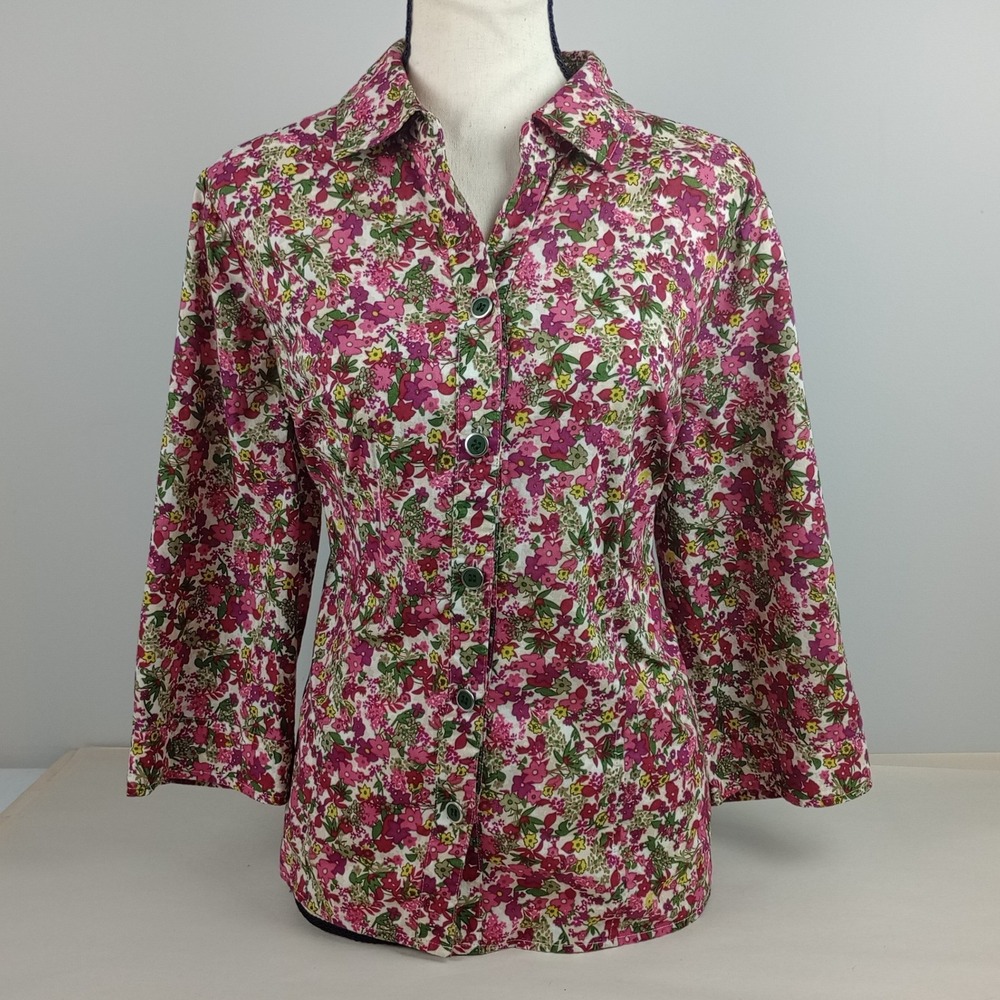 CJ Banks Womens X Pink Green Floral Cotton 3/4 Sleeve Casual Button Down Shirt